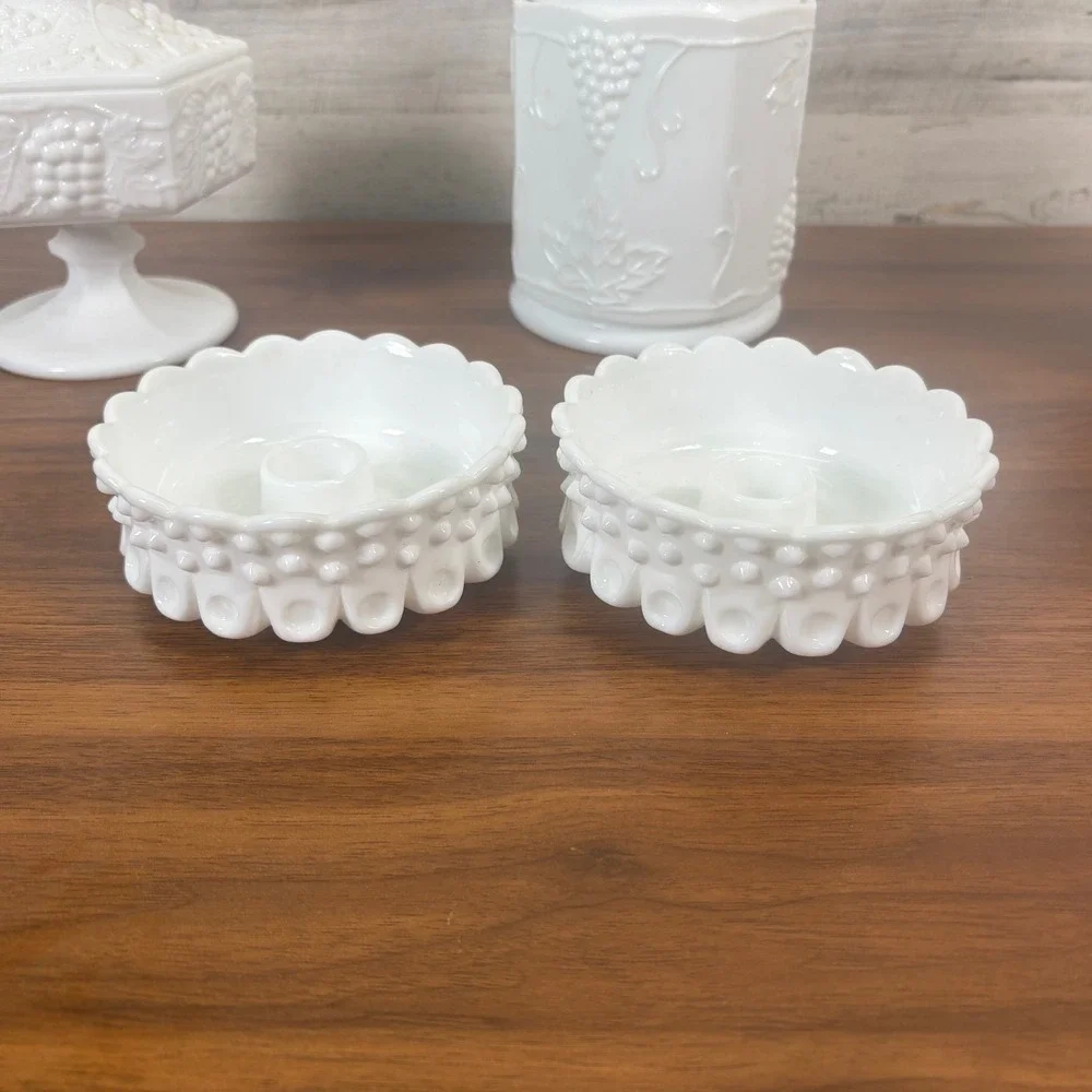 Vintage Fenton Hobnail Milk Glass Candy Dish, Two Candle Holders, Canister Lot 5